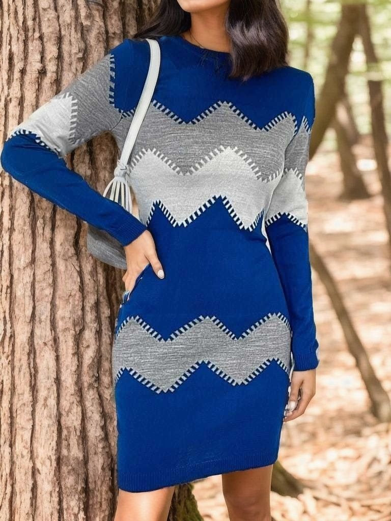 Kadın Uzun Kollu Zigzag Desen Triko Elbise