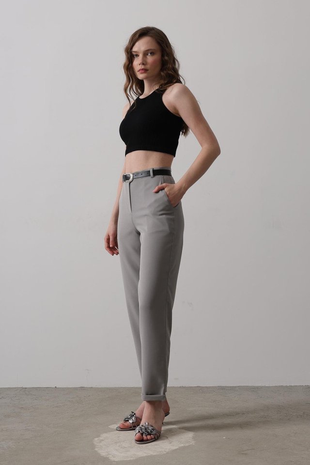 Kemerli Havuç Pantolon - Gri