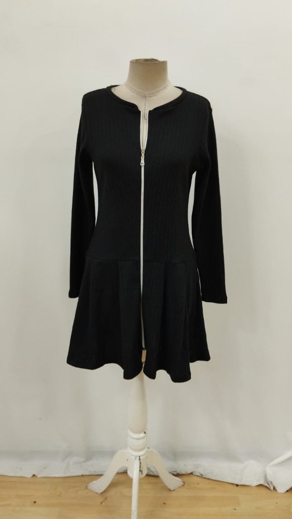 Kadın Uzun Kollu önden Fermuarlı Pileli şardonlu Kaşkorse Mini Elbise