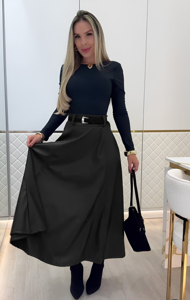 Kadın Yüksek Belli Maxi Deri Kemersiz Etek