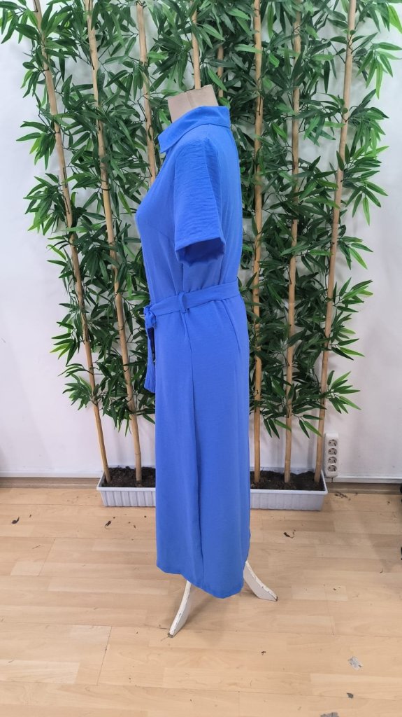 Kadın Kısa Kollu Yakalı önden Düğmeli Beli Kuşaklı Ithal Keten Elbise